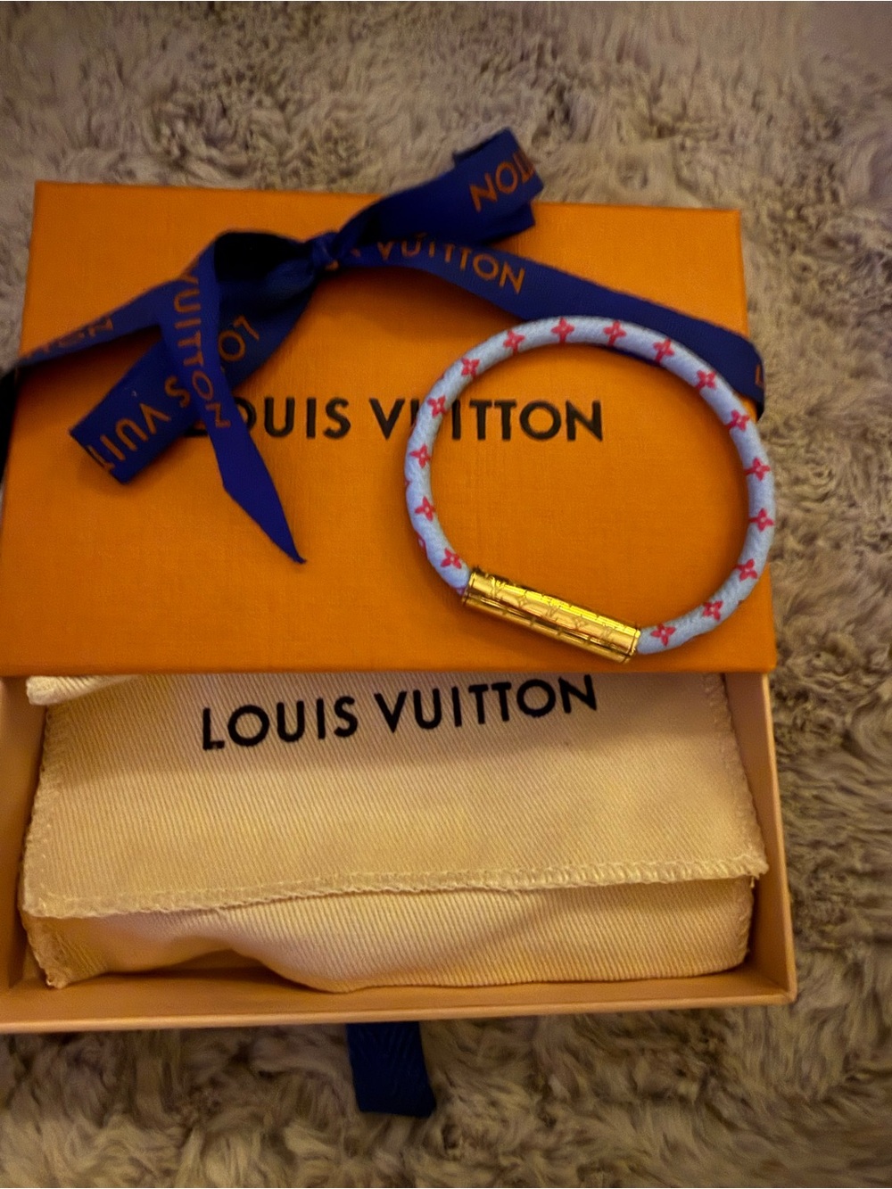 Louis Vuitton Light Blue Bracelet with Pink Monogram and Gold Clasp